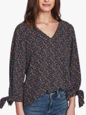 CeCe Moroccan Ditsy Floral Tie Sleeve V-Neck Blouse Top Blue Orange Size XL